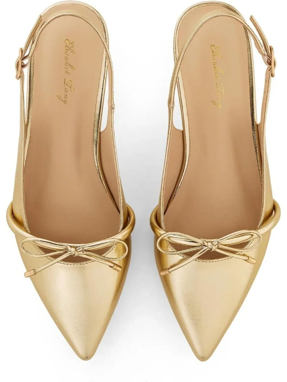 Women's Gold Slingback Flats Closed Pointed Toe Bow Low Block Chunky Heel Shoes